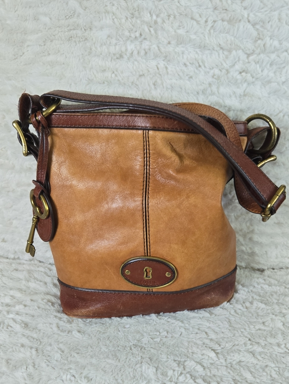 Fossil Two-Tone Tan and Brown Leather Crossbody Messenger